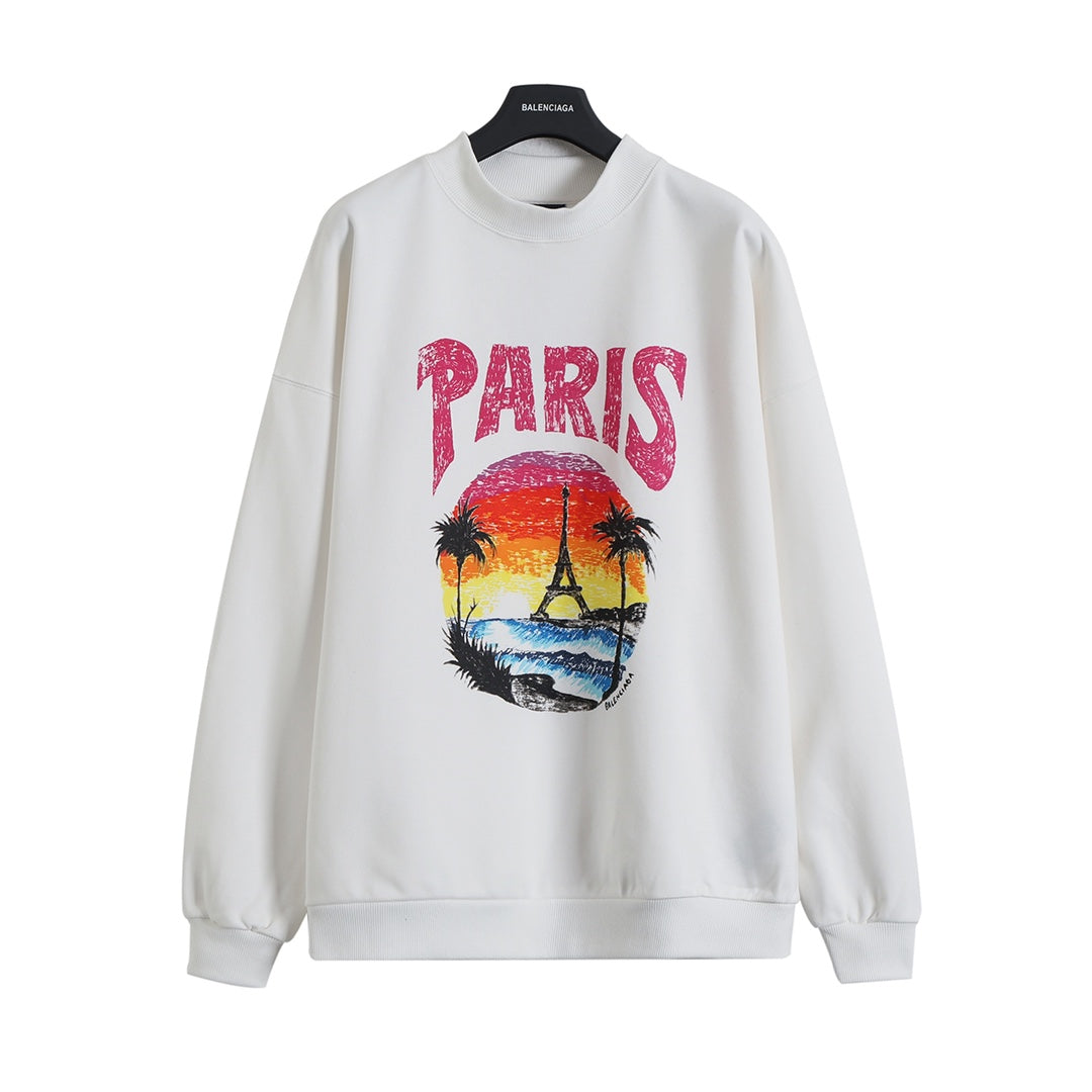 Beach painting night view round neck hoodie