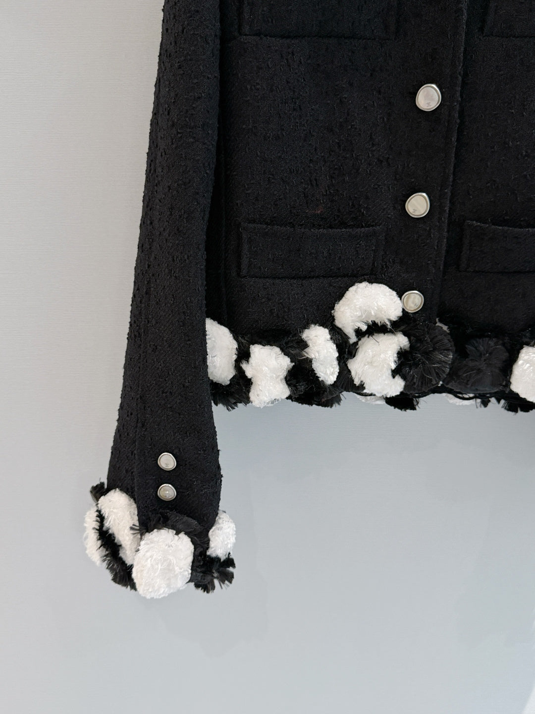 Black Textured Tweed Cropped Jacket | Black & White Pom Pom Fringe Trim Outerwear