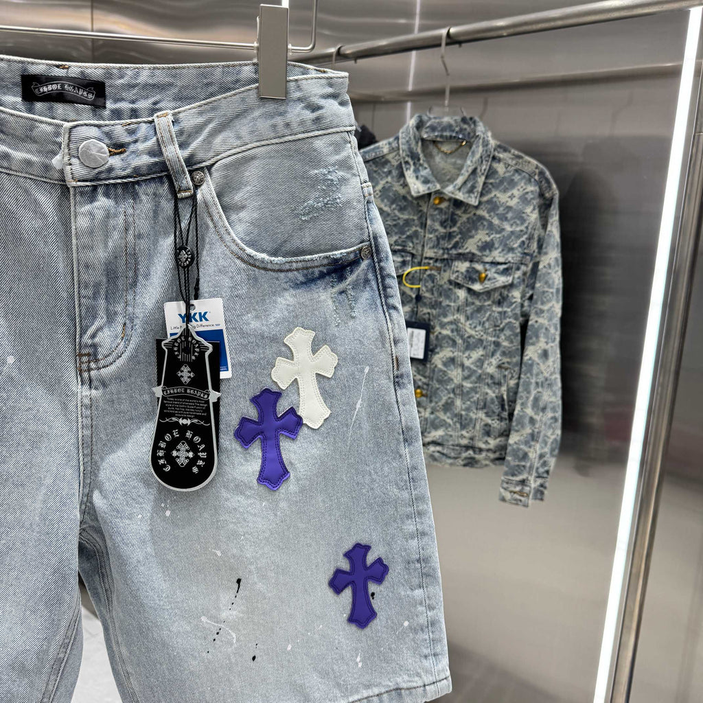 New split leather cross denim shorts