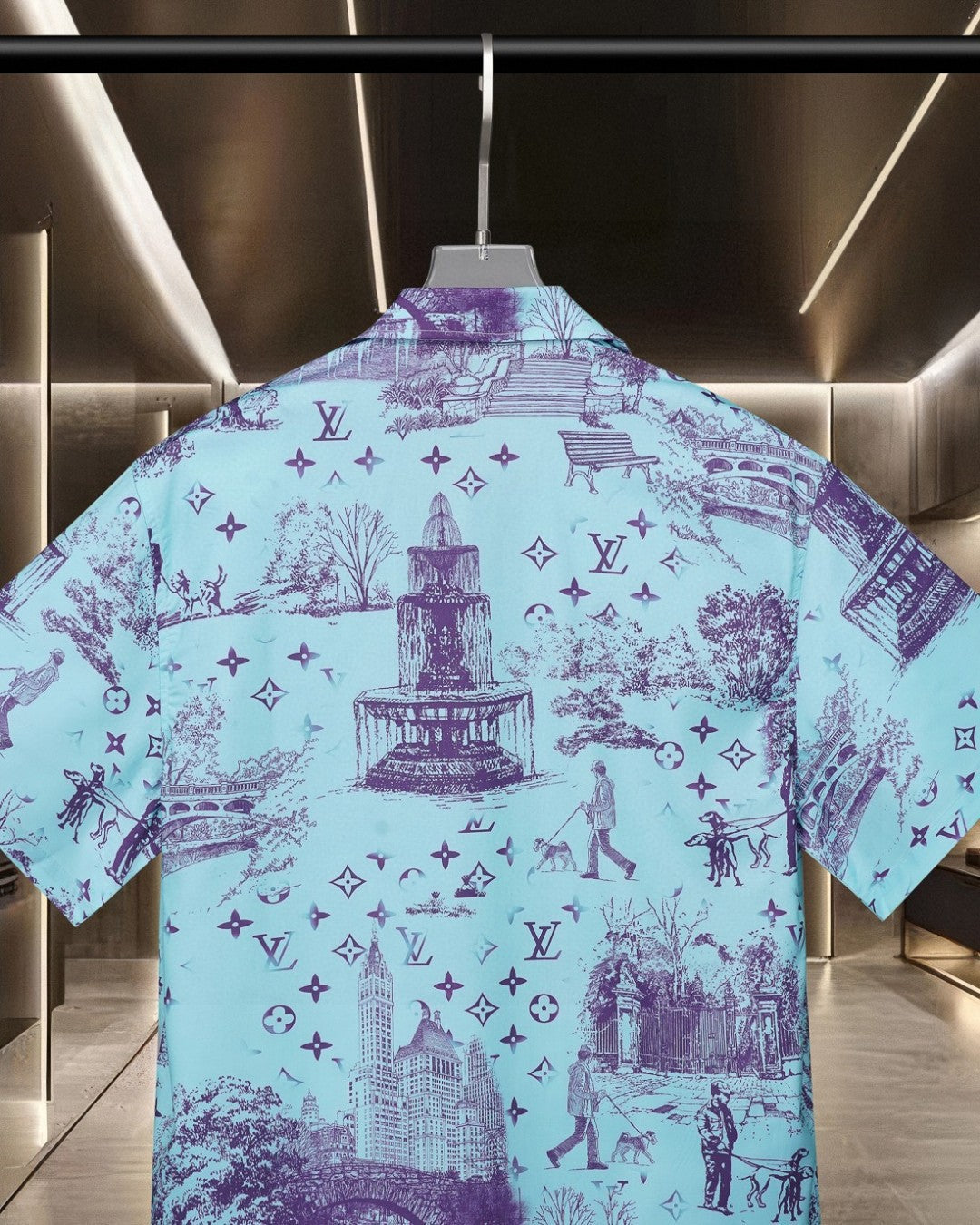 Short sleeved shirt with fragmented urban landscape pattern