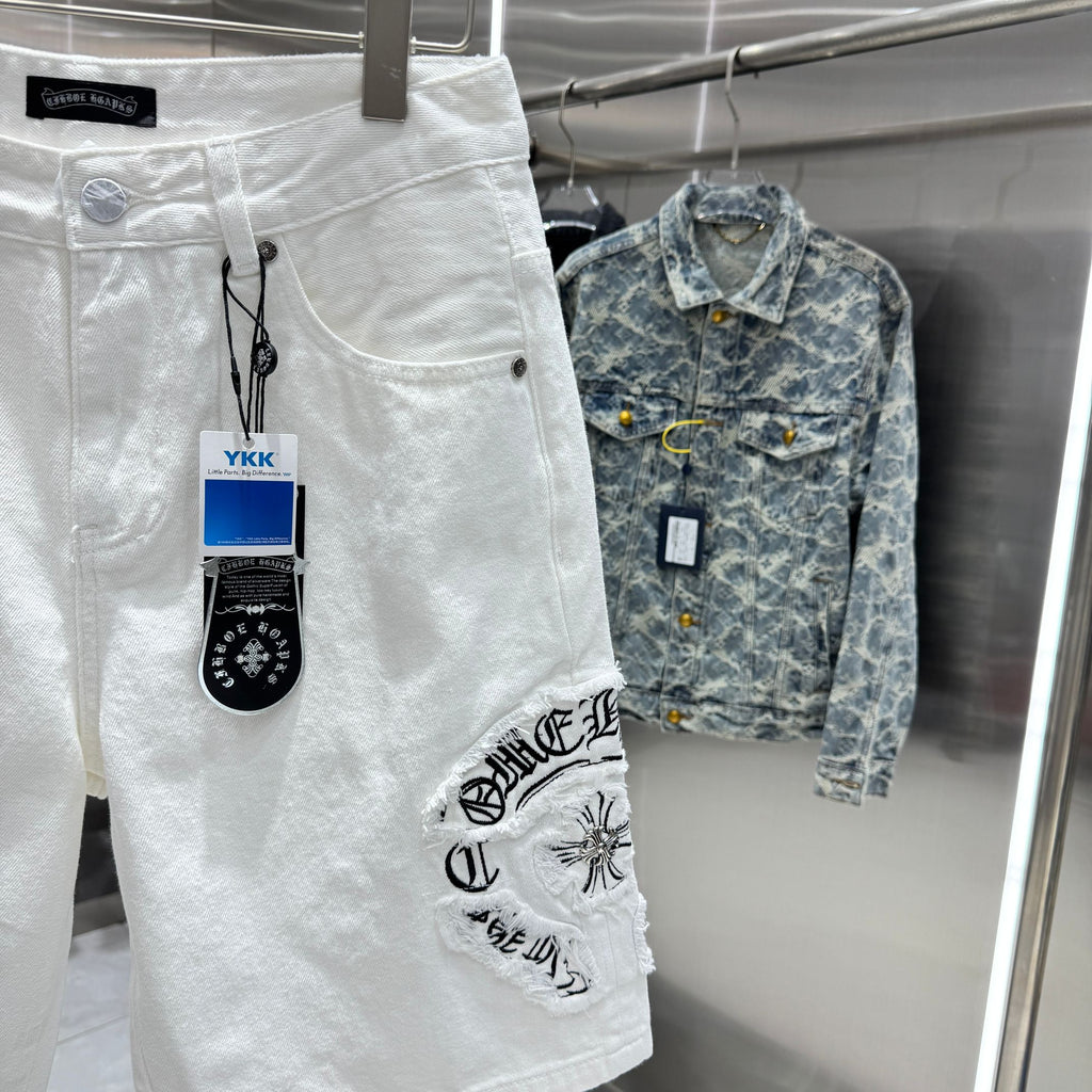 Embroidered cross denim shorts with torn holes