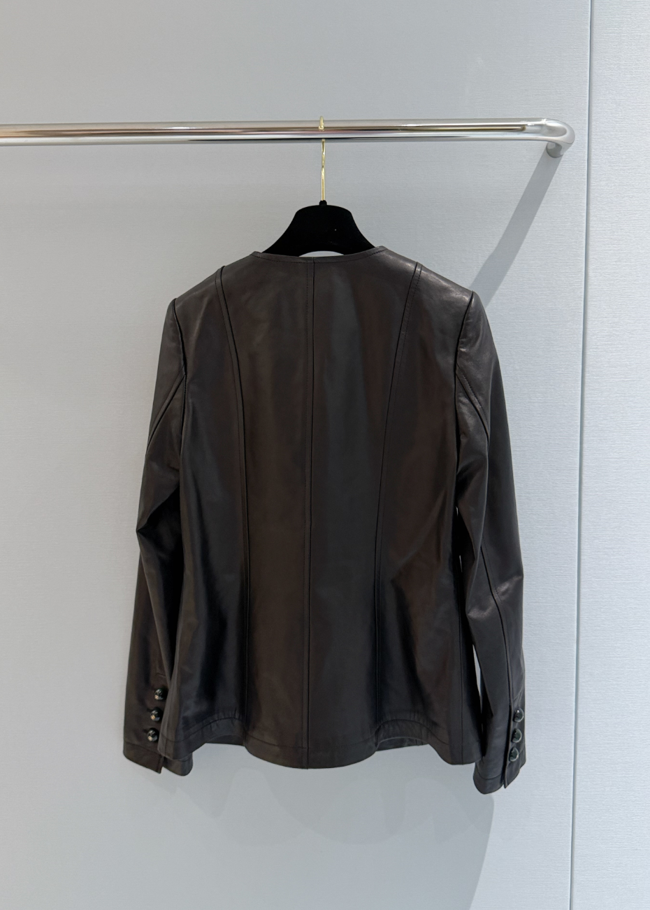 Women’s Vintage Smooth Leather-Look Jacket, Round Collar & Multi Pocket Design