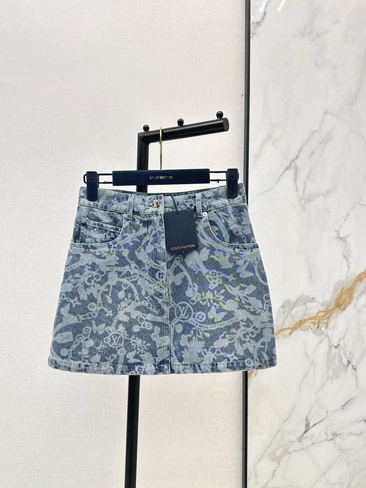 26ss Laser-studded chain floral denim midi skirt