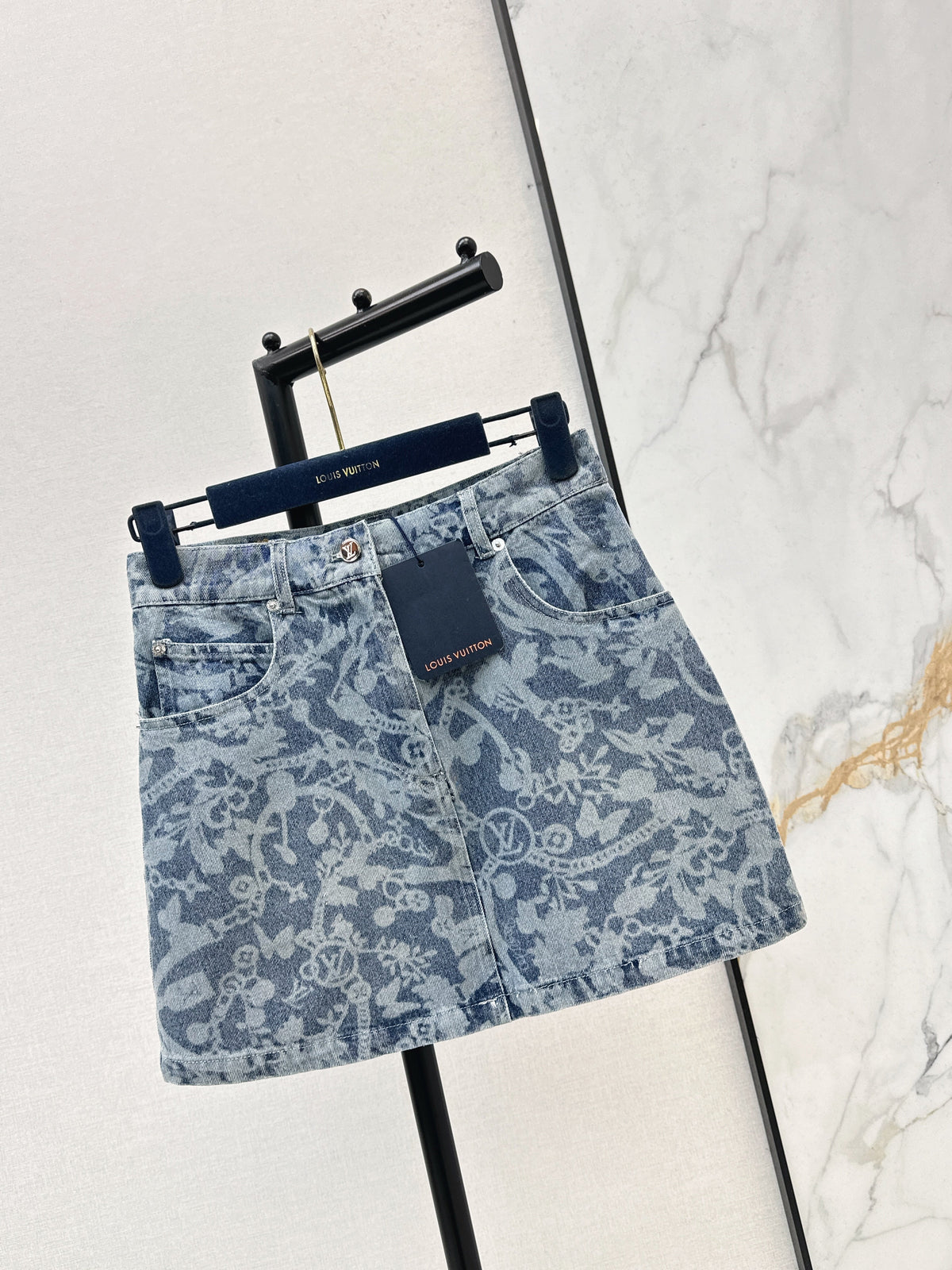 26ss Laser-studded chain floral denim midi skirt