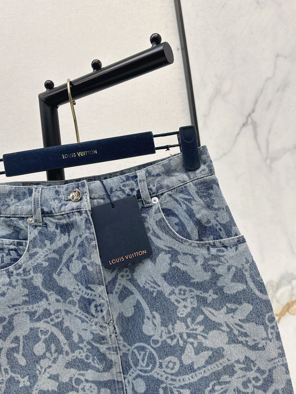 26ss Laser-studded chain floral denim midi skirt