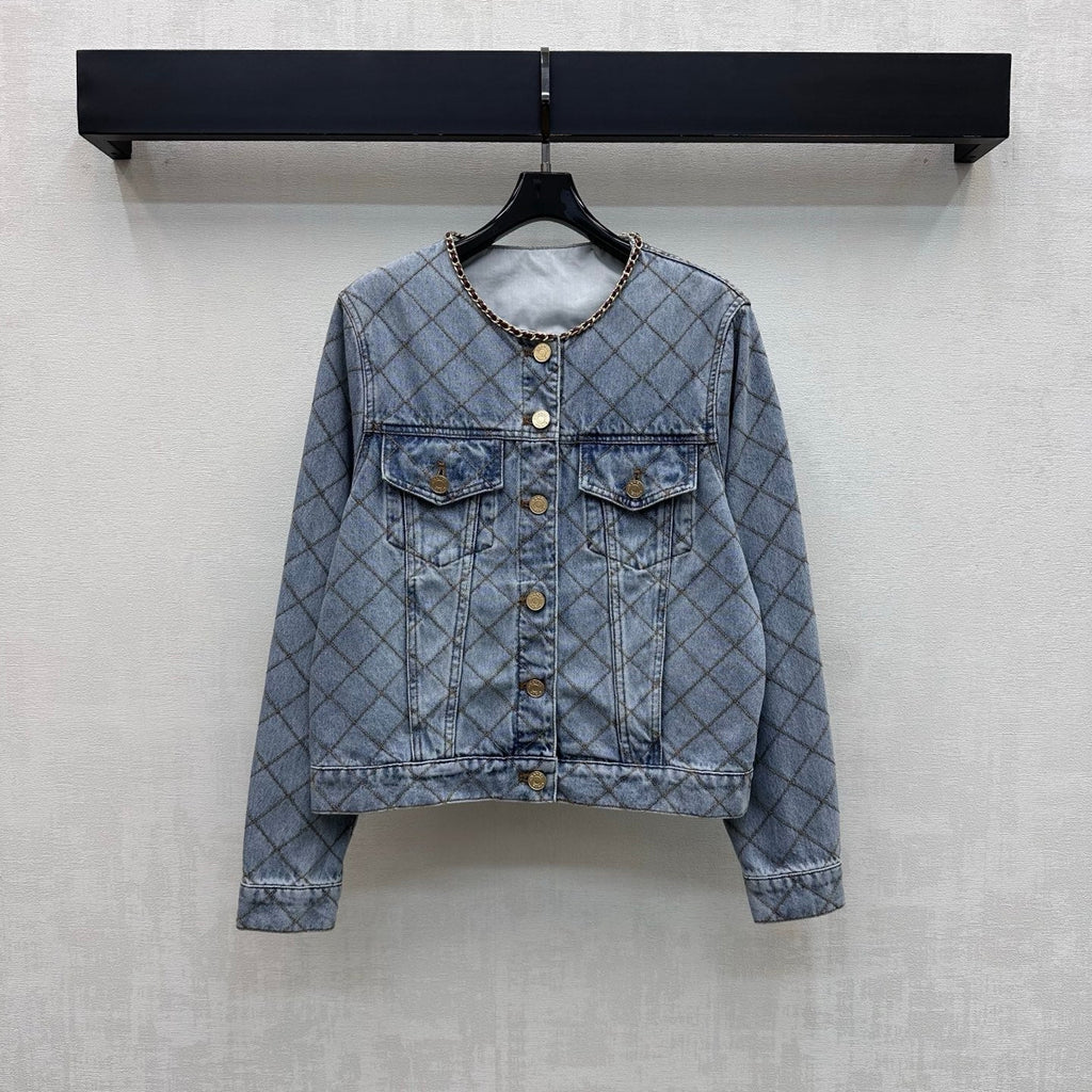 Quilted Denim Jacket with Chain Detail