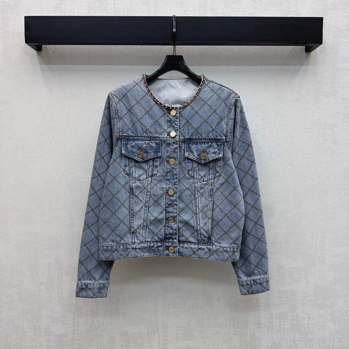 Quilted Denim Jacket with Chain Detail