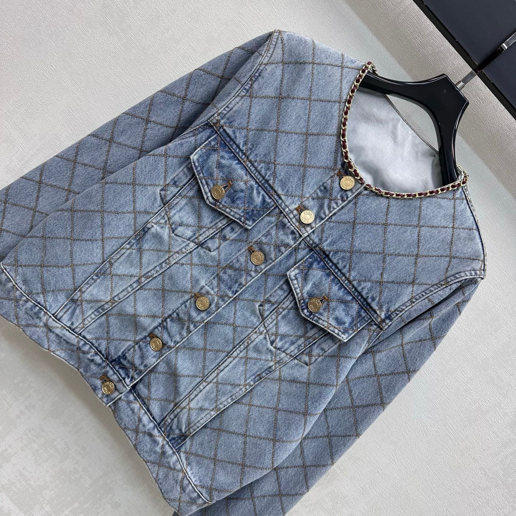 Quilted Denim Jacket with Chain Detail