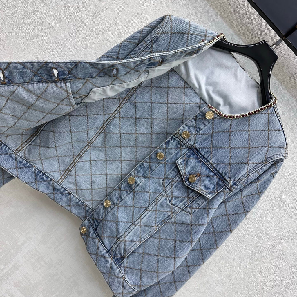 Quilted Denim Jacket with Chain Detail