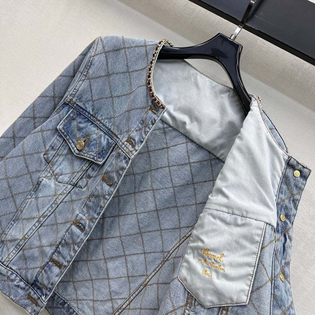 Quilted Denim Jacket with Chain Detail