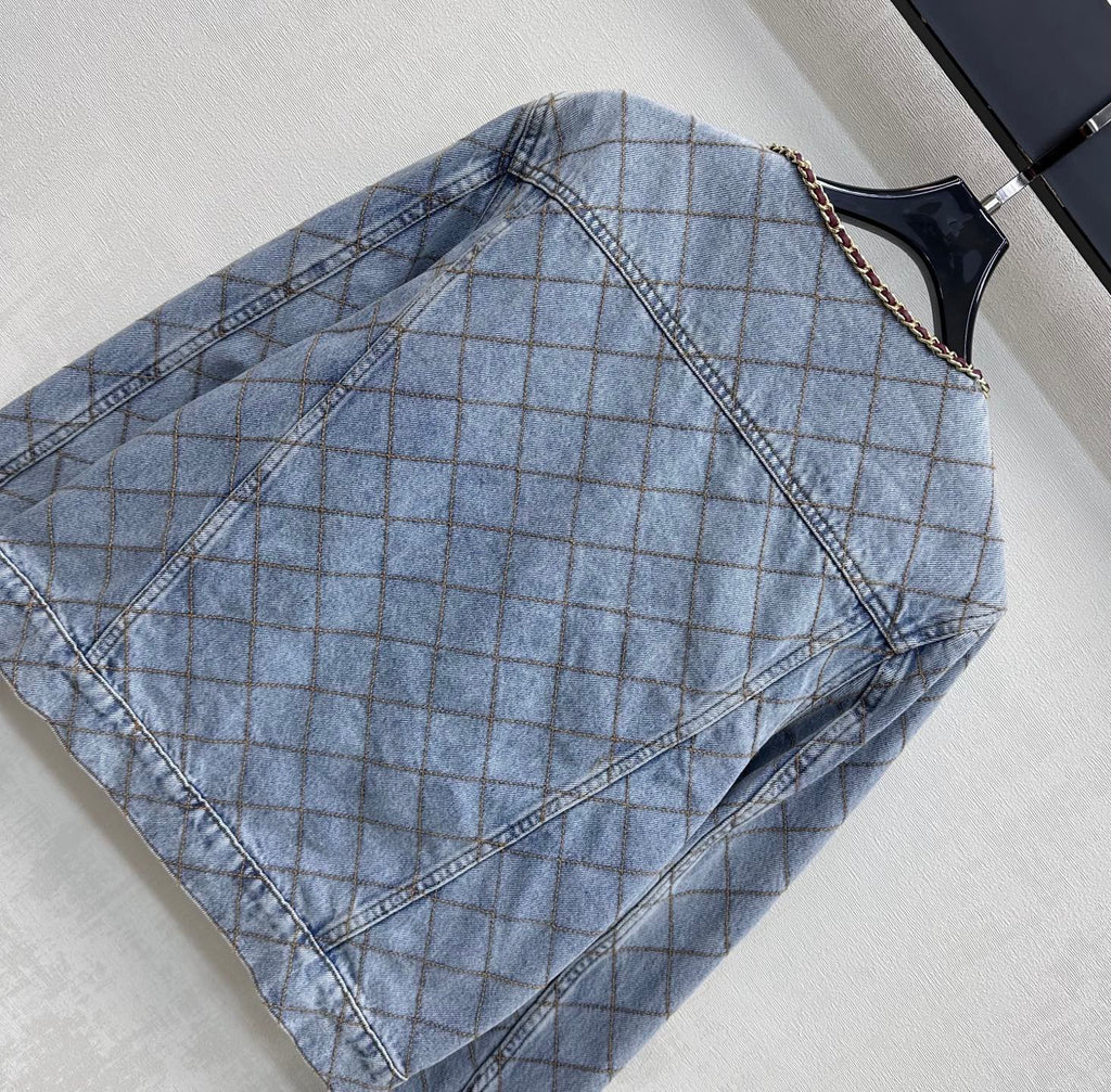 Quilted Denim Jacket with Chain Detail