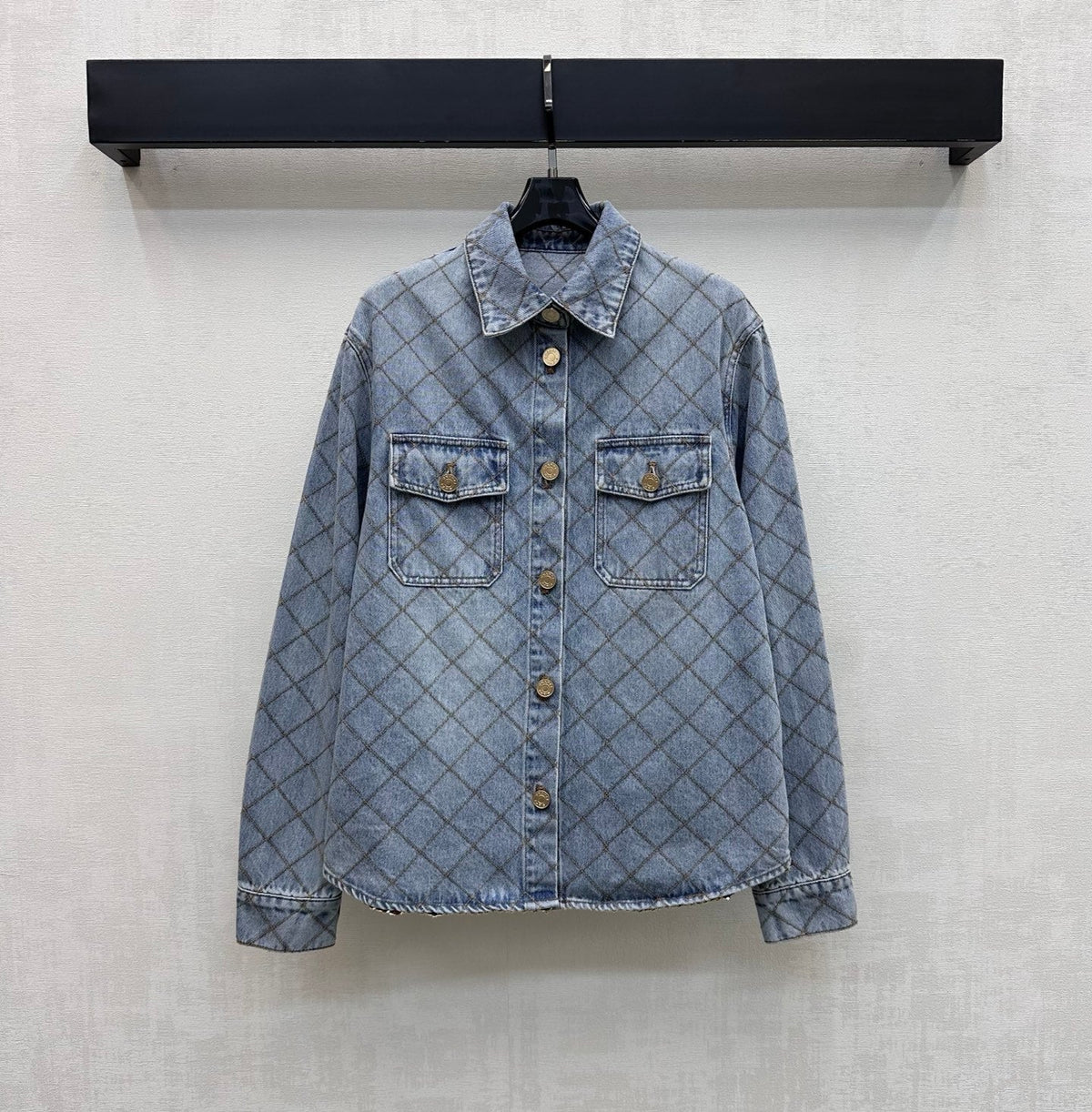 Diamond-Quilted Denim Shirt with Collar