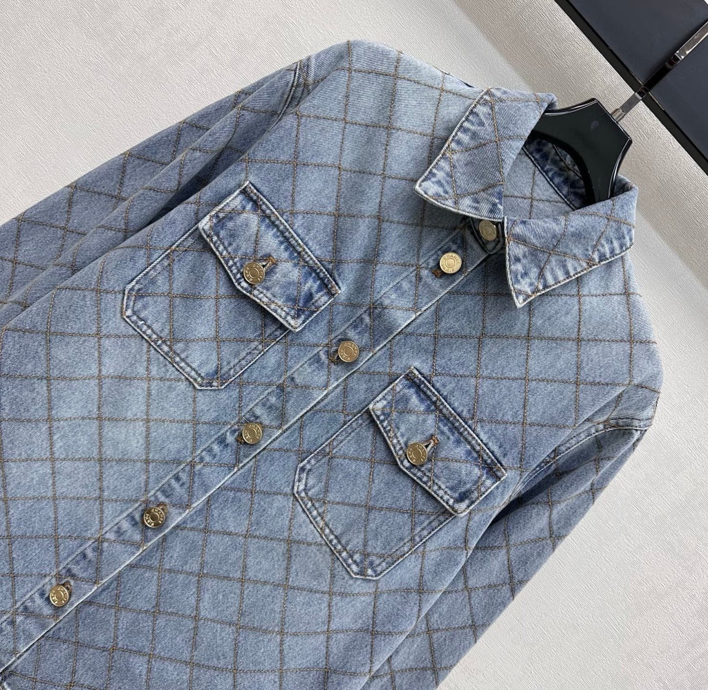 Diamond-Quilted Denim Shirt with Collar