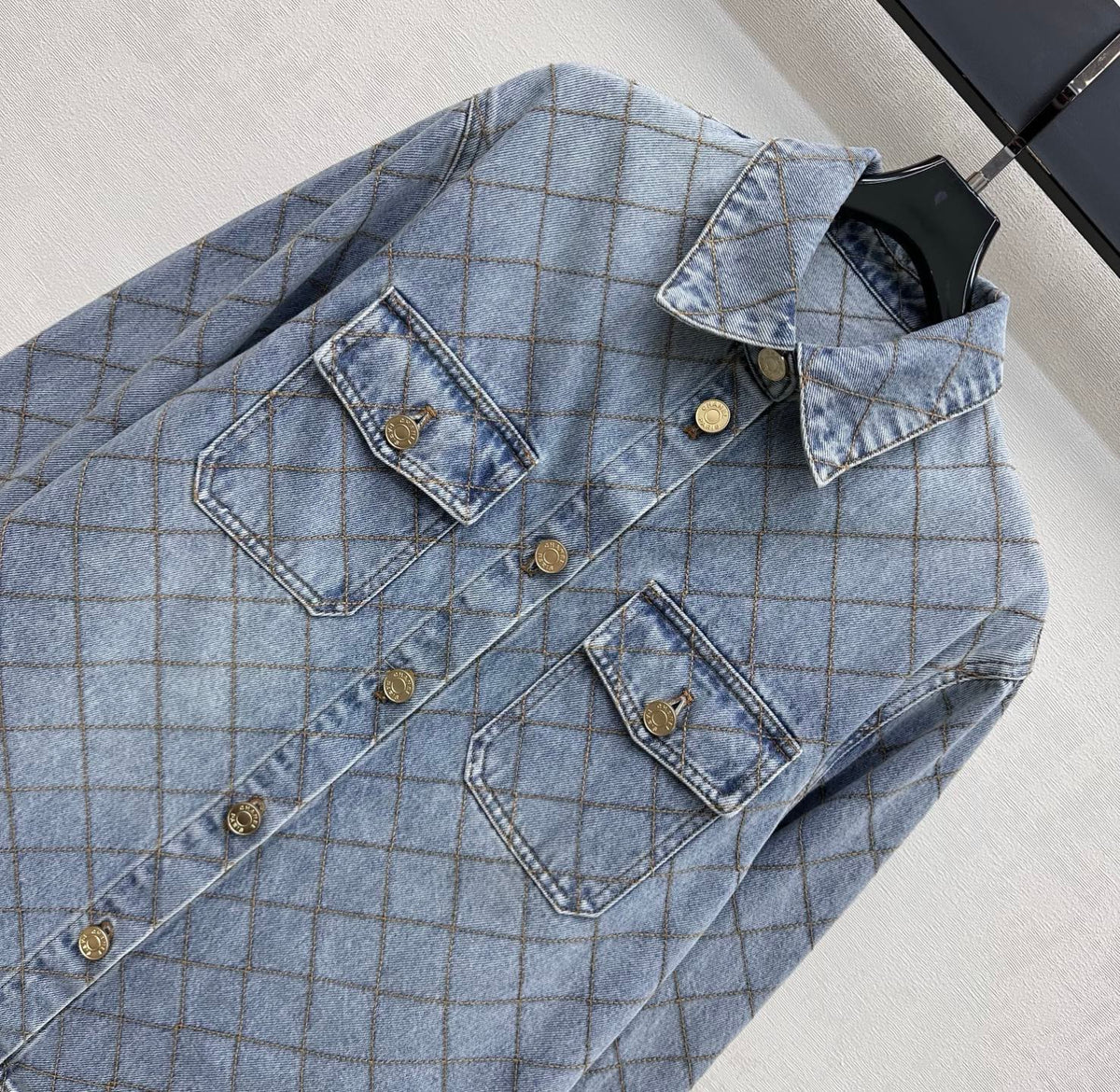 Diamond-Quilted Denim Shirt with Collar