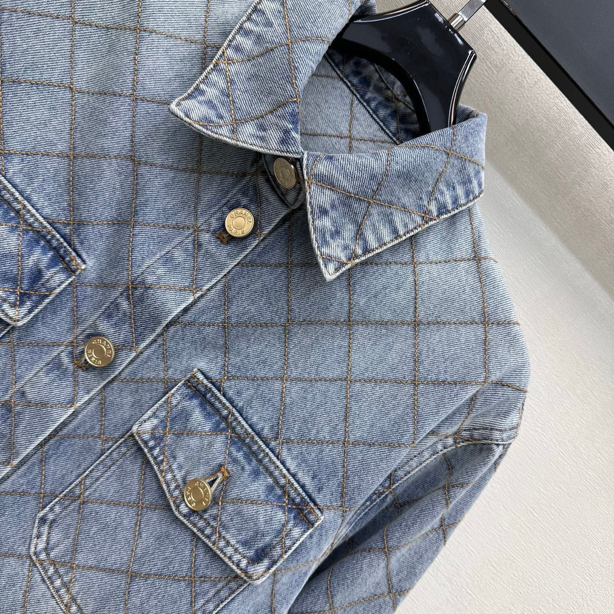 Diamond-Quilted Denim Shirt with Collar