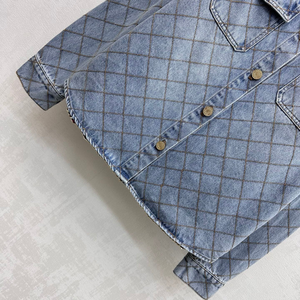 Diamond-Quilted Denim Shirt with Collar