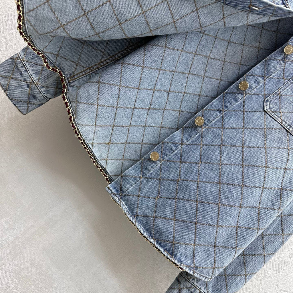 Diamond-Quilted Denim Shirt with Collar