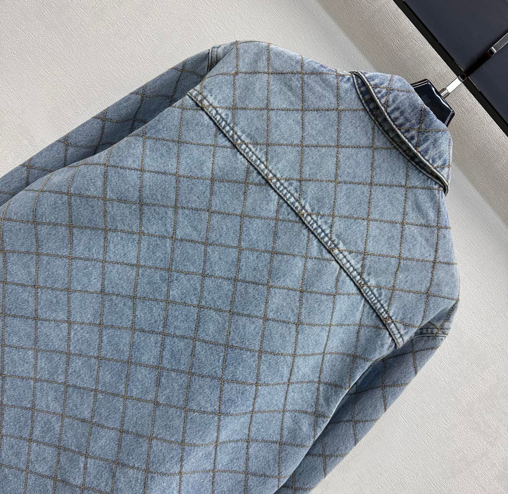 Diamond-Quilted Denim Shirt with Collar