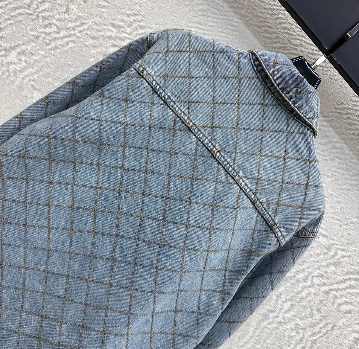 Diamond-Quilted Denim Shirt with Collar