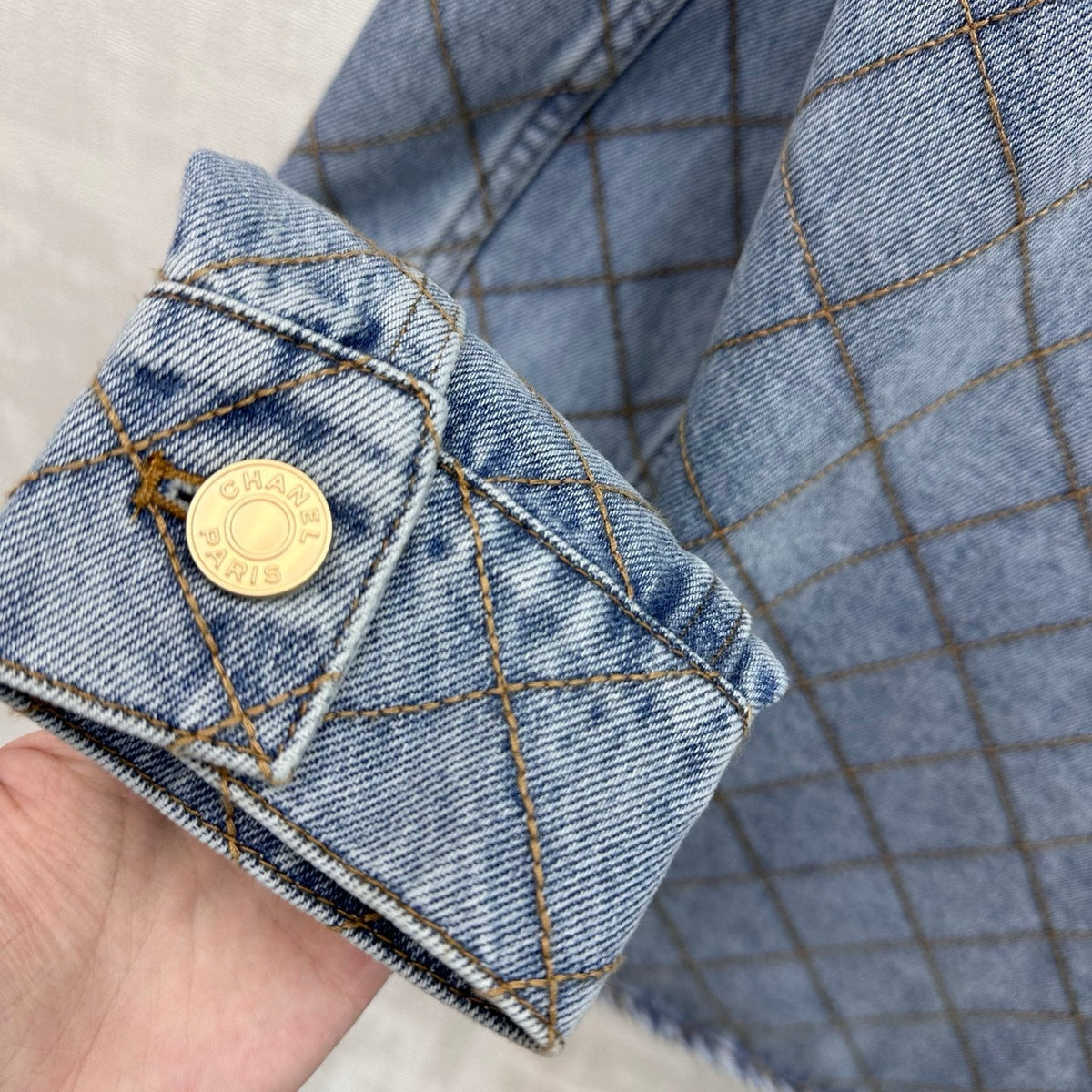 Diamond-Quilted Denim Shirt with Collar