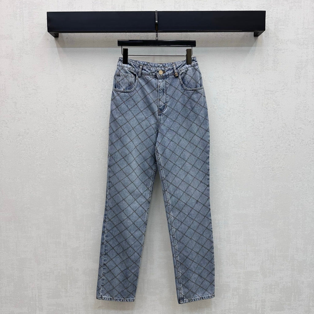 Quilted Denim Trousers with Chain Detail
