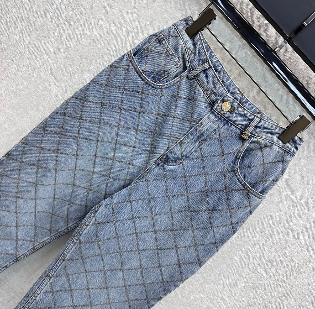 Quilted Denim Trousers with Chain Detail