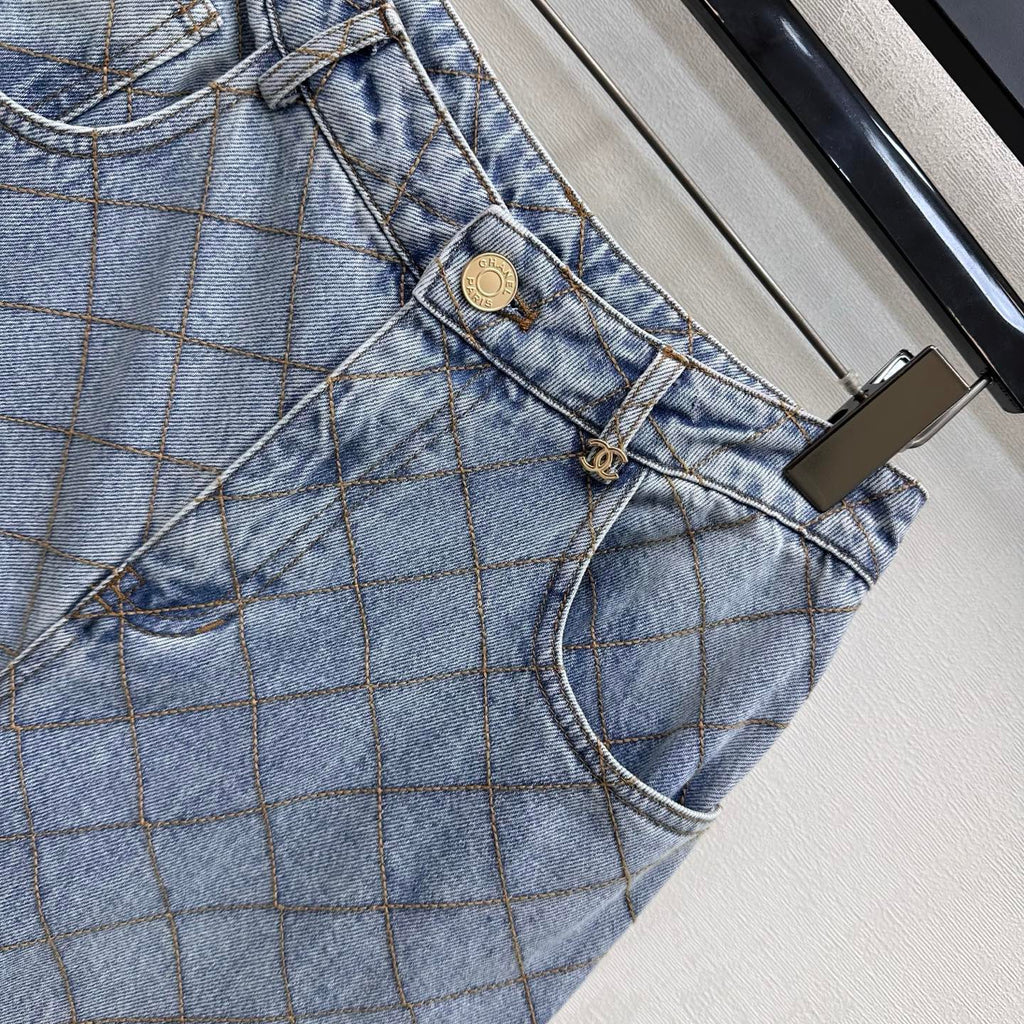 Quilted Denim Trousers with Chain Detail