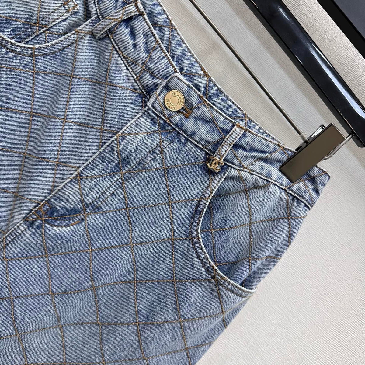 Quilted Denim Trousers with Chain Detail