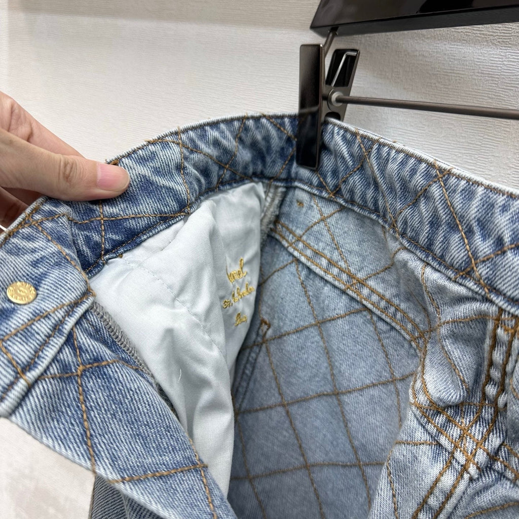 Quilted Denim Trousers with Chain Detail
