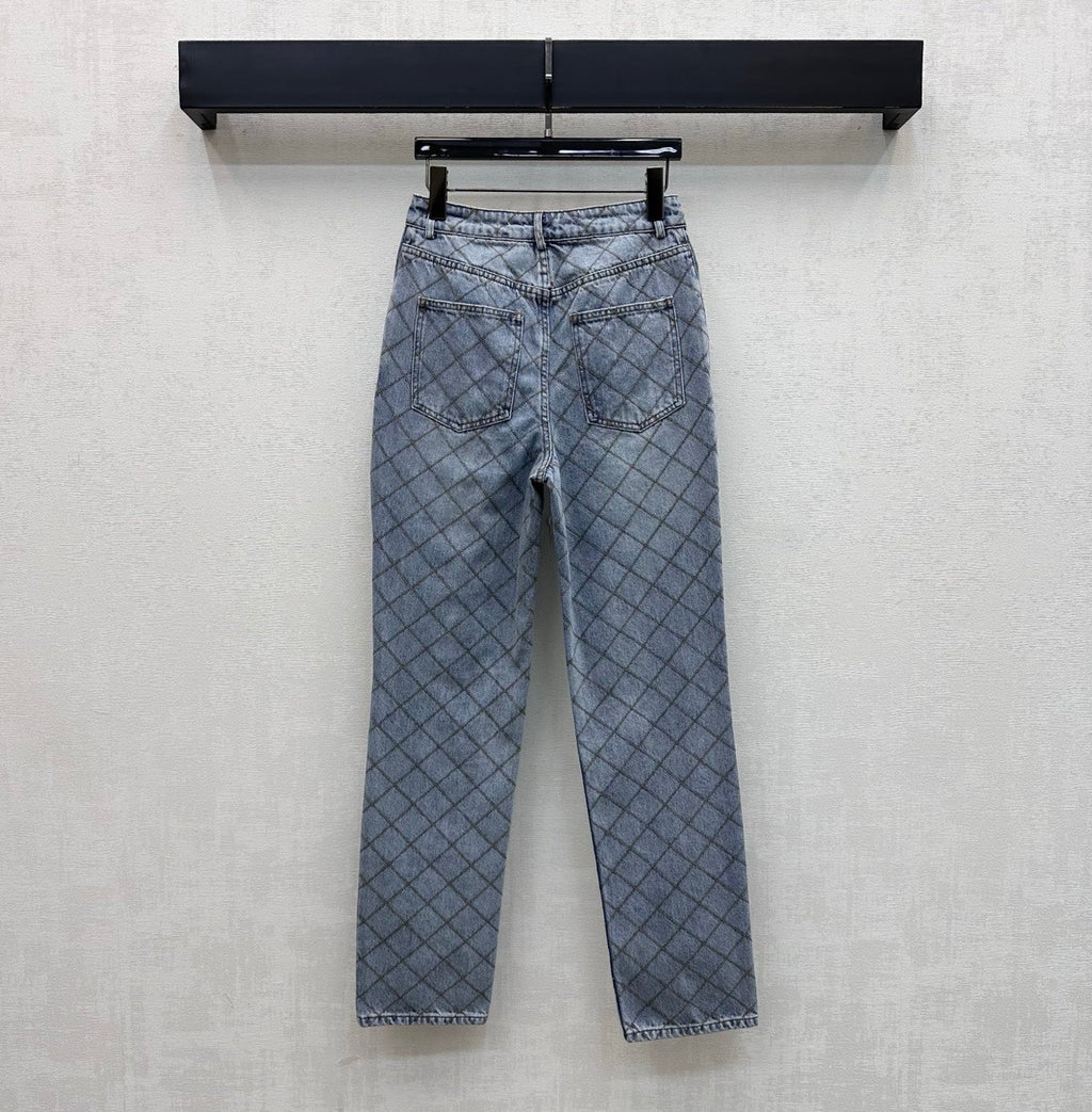 Quilted Denim Trousers with Chain Detail