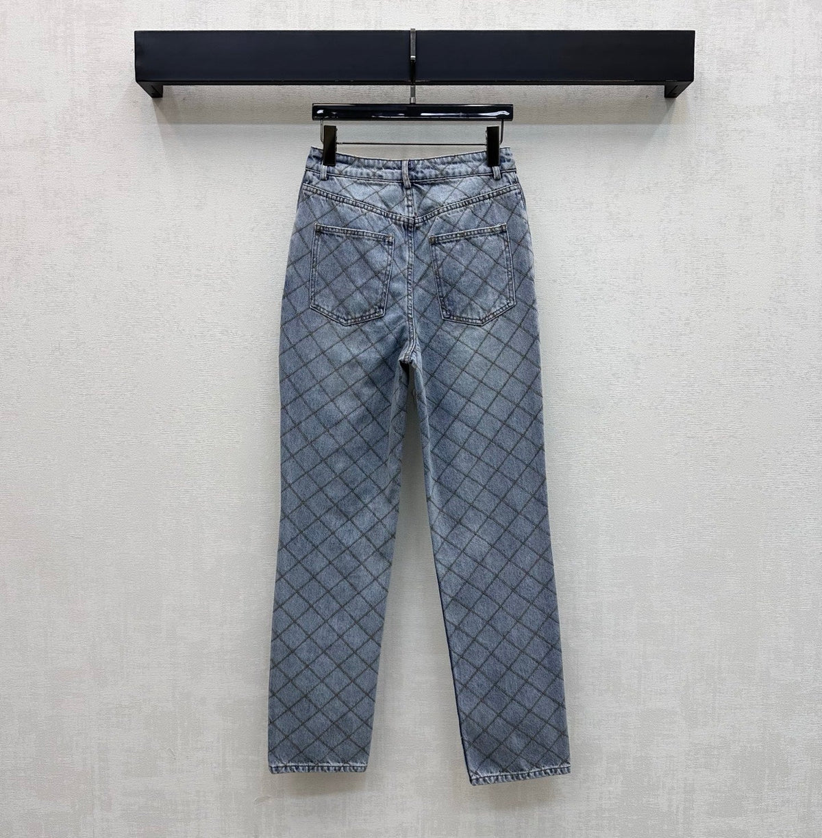 Quilted Denim Trousers with Chain Detail
