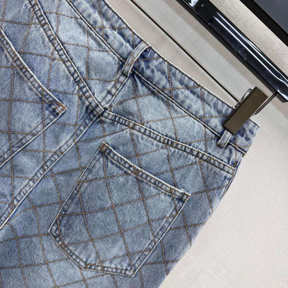 Quilted Denim Trousers with Chain Detail