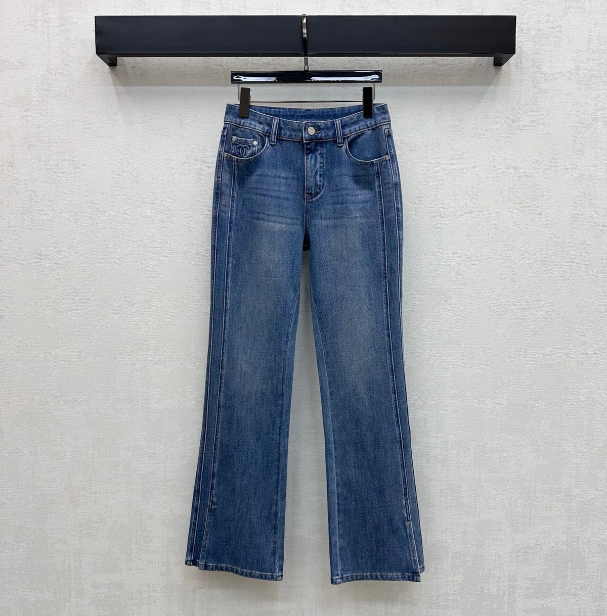 Leather-Patch Bootcut Denim Trousers