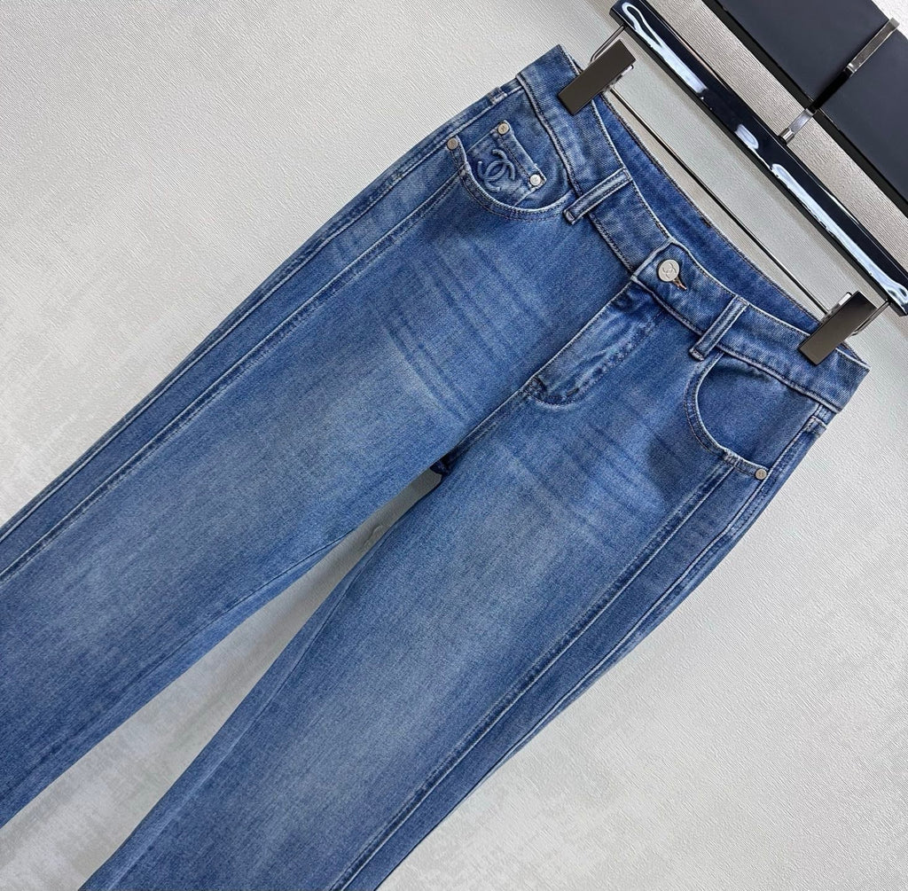 Leather-Patch Bootcut Denim Trousers