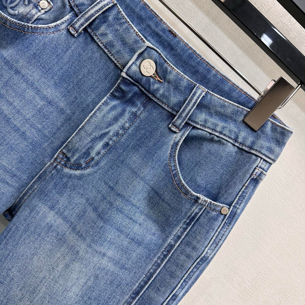 Leather-Patch Bootcut Denim Trousers