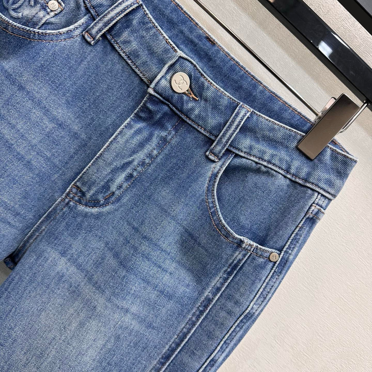 Leather-Patch Bootcut Denim Trousers