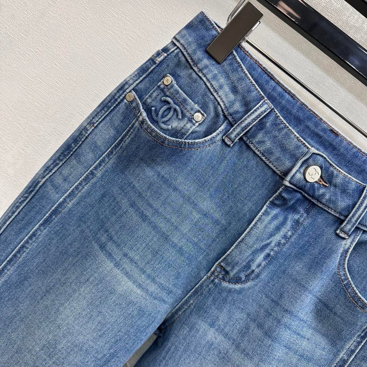 Leather-Patch Bootcut Denim Trousers