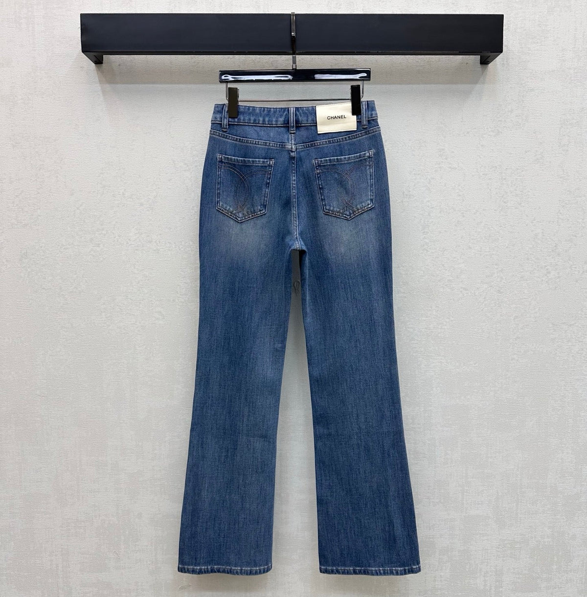 Leather-Patch Bootcut Denim Trousers