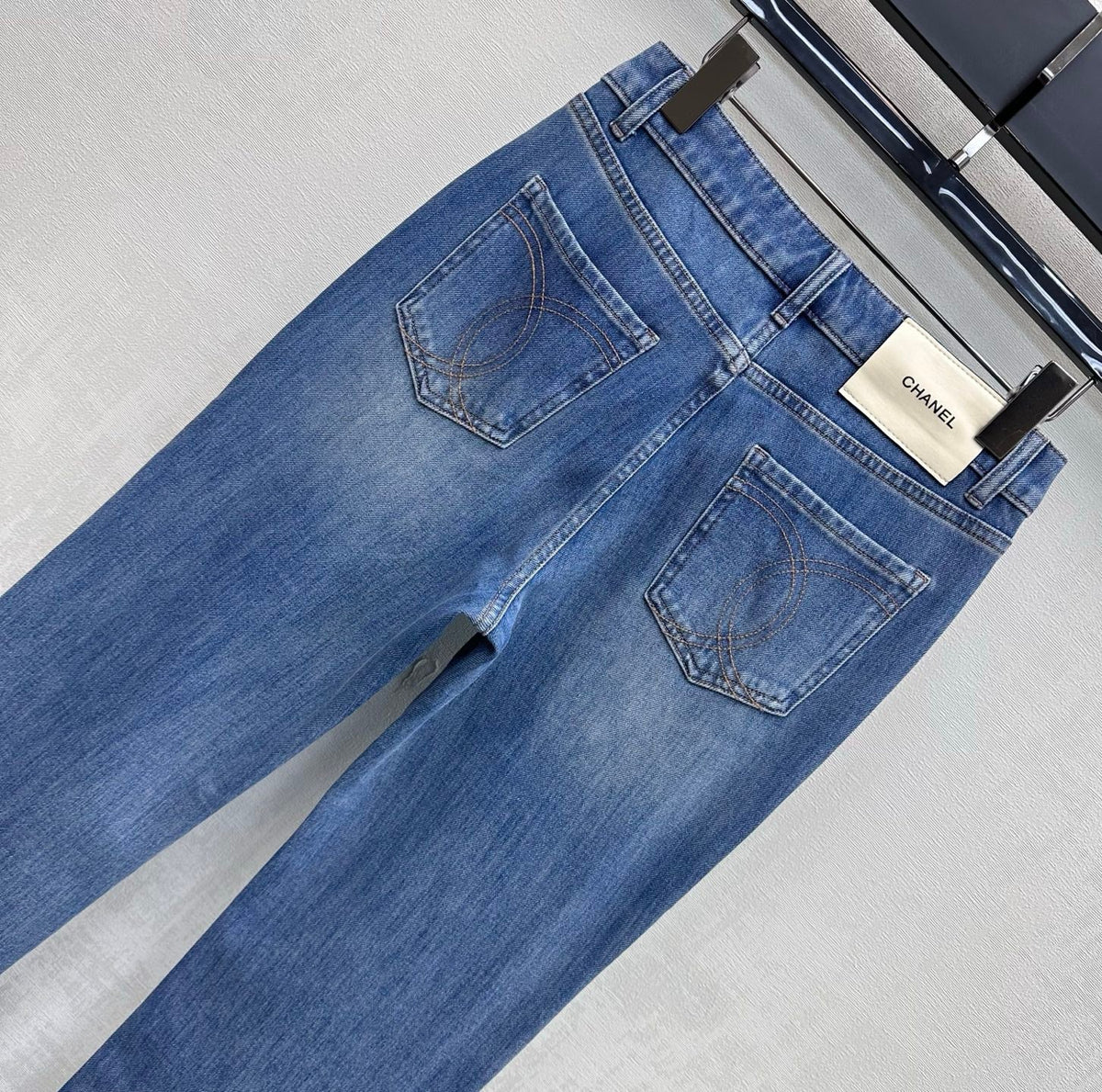 Leather-Patch Bootcut Denim Trousers
