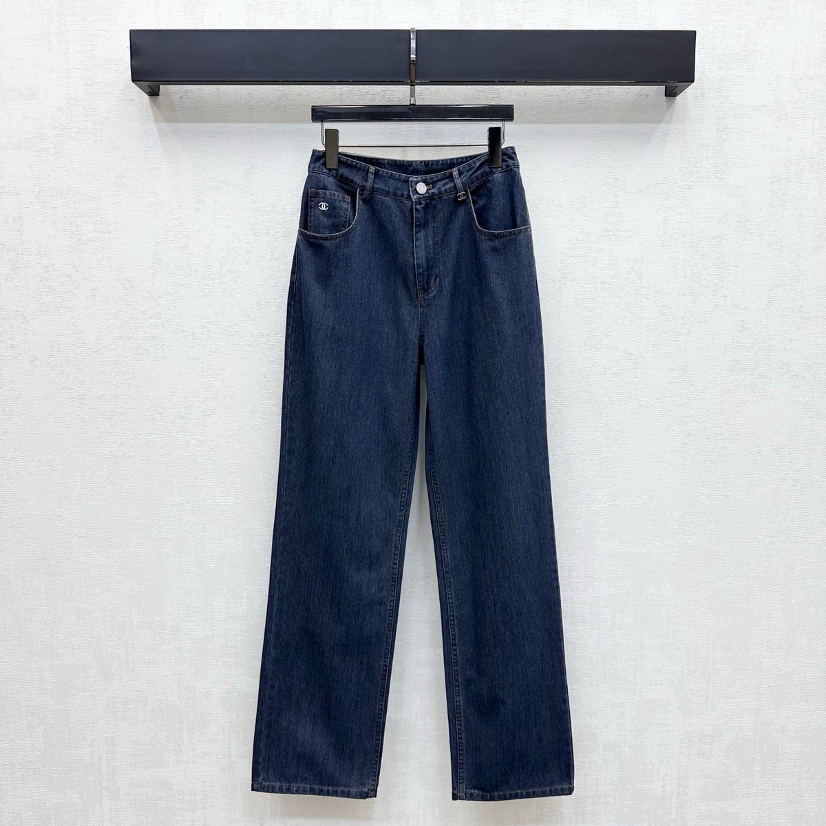 Leather-Patch Bootcut Denim Trousers