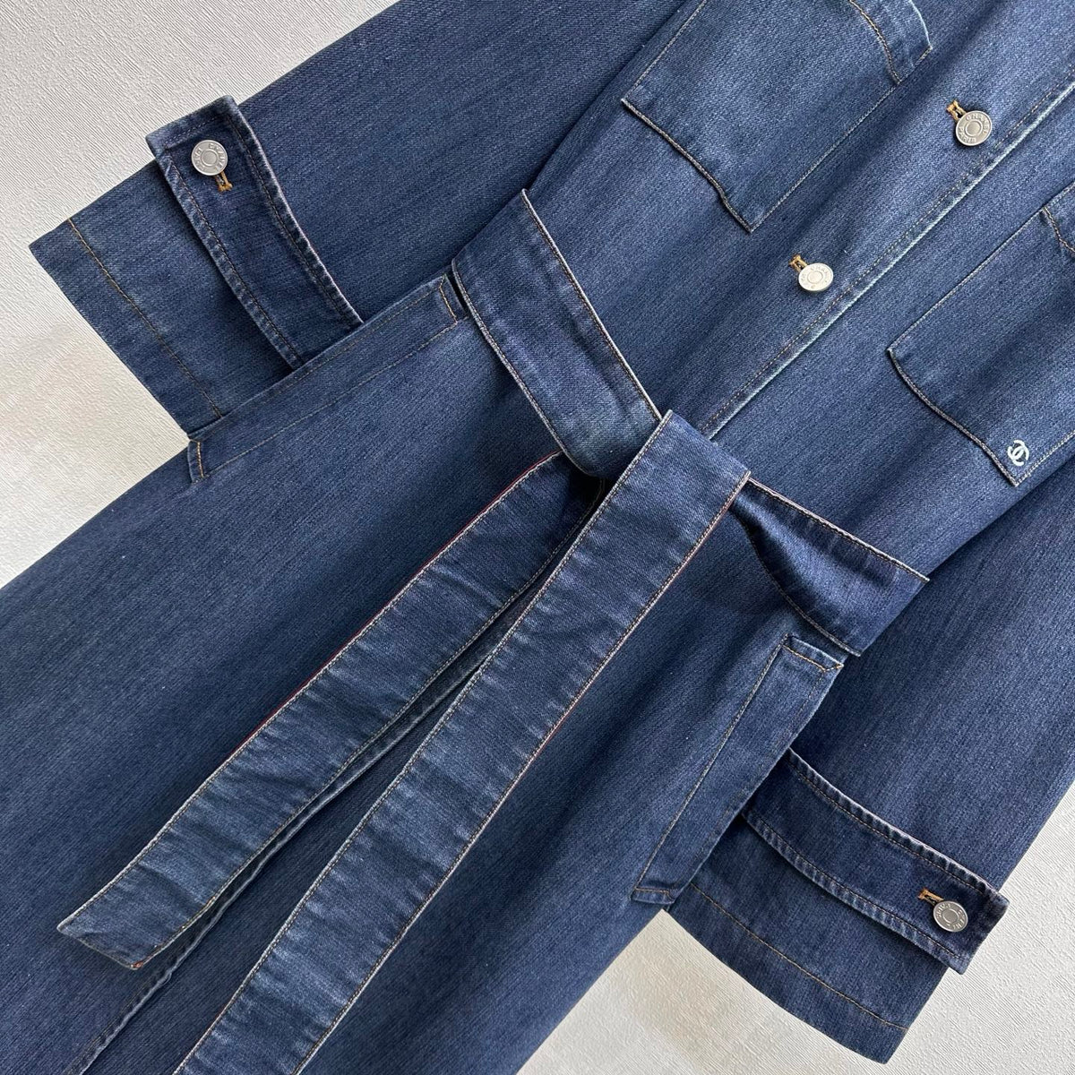 Leather-Collared Denim Trench Coat