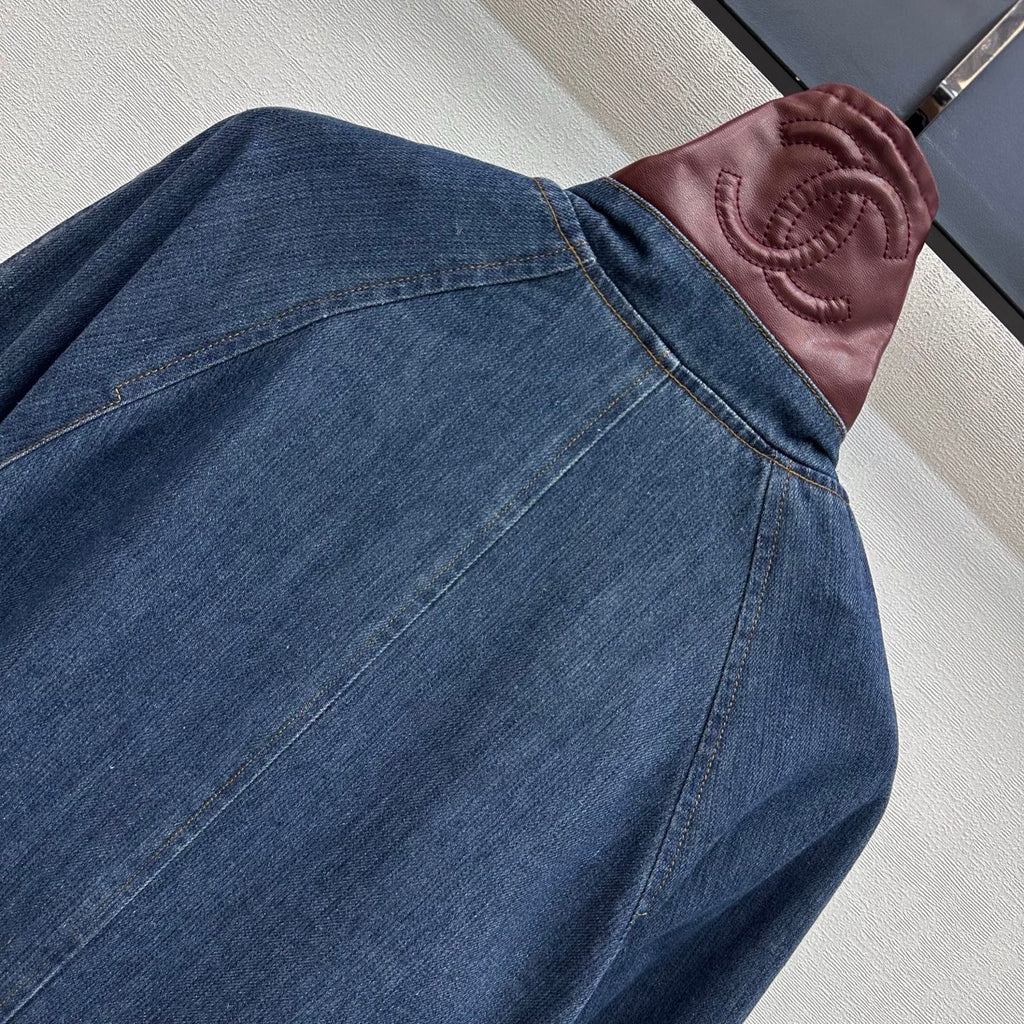 Leather-Collared Denim Trench Coat