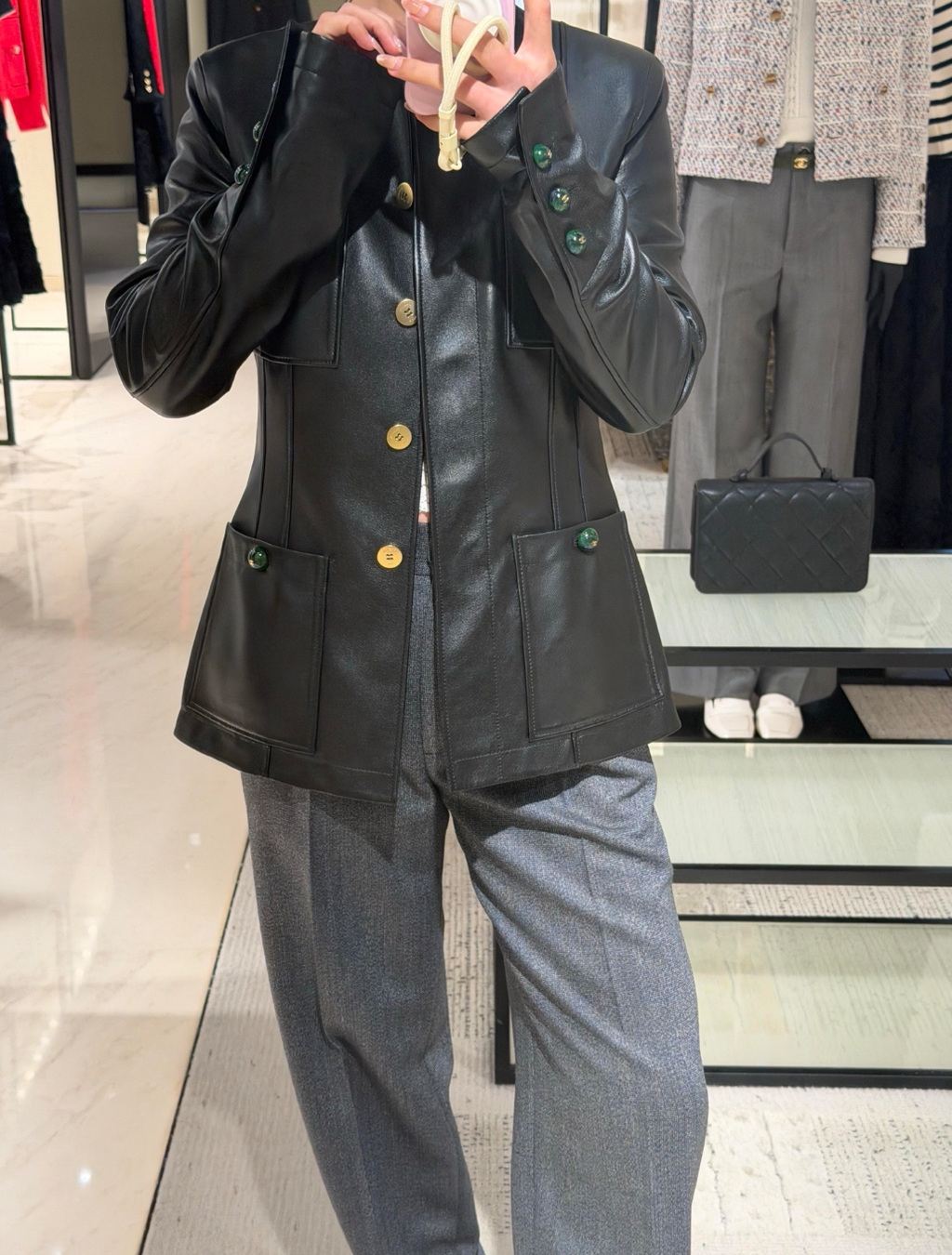 Women’s Vintage Smooth Leather-Look Jacket, Round Collar & Multi Pocket Design