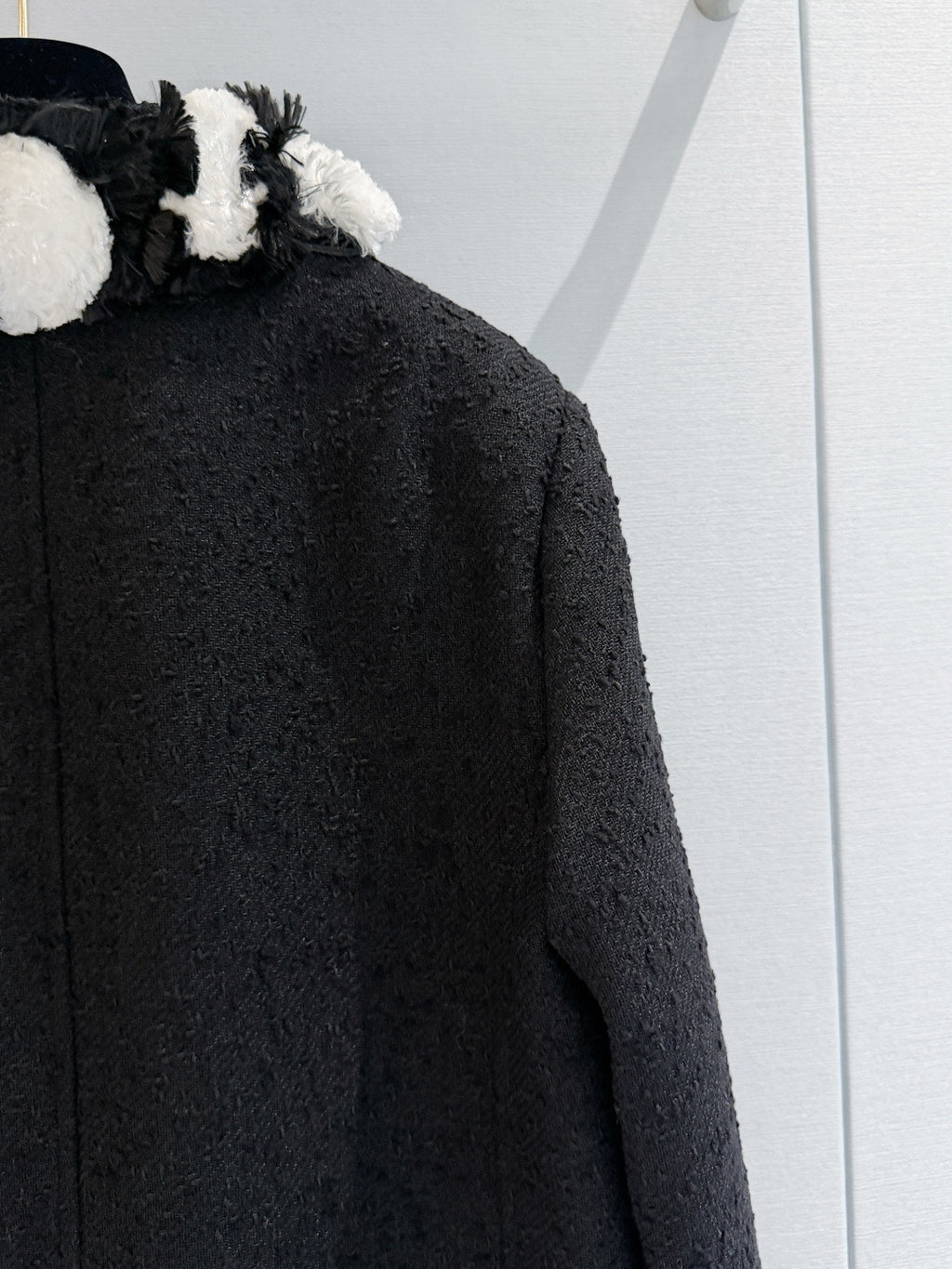 Black Textured Tweed Cropped Jacket | Black & White Pom Pom Fringe Trim Outerwear