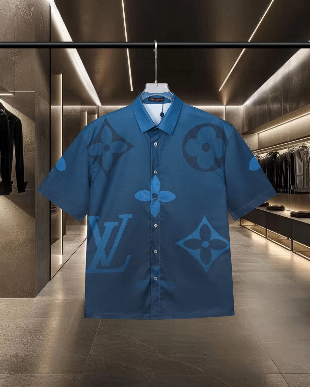Gradient presbyopia blue digital printed short sleeved shirt