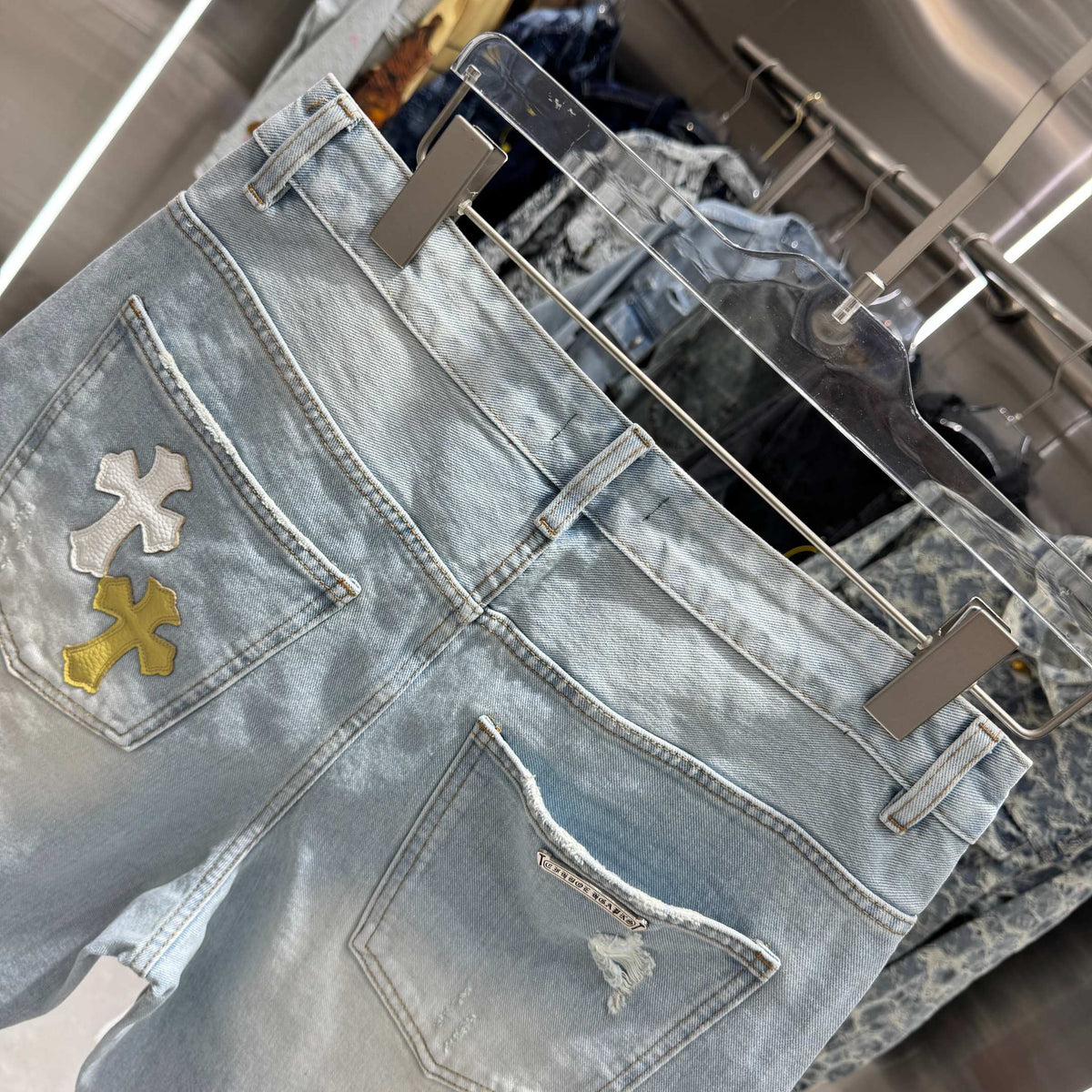 Spring and summer new cross denim shorts made of split leather