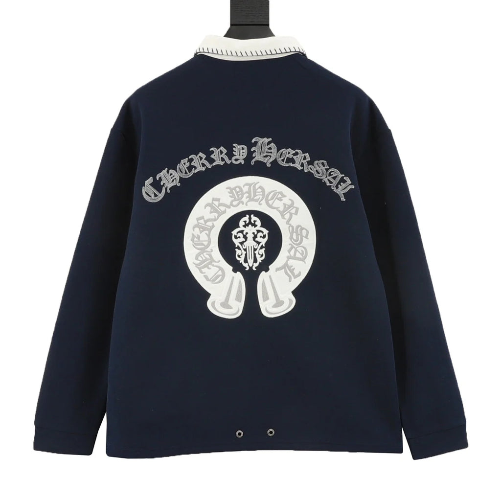 Horseshoe embroidery lapel long sleeved polo shirt