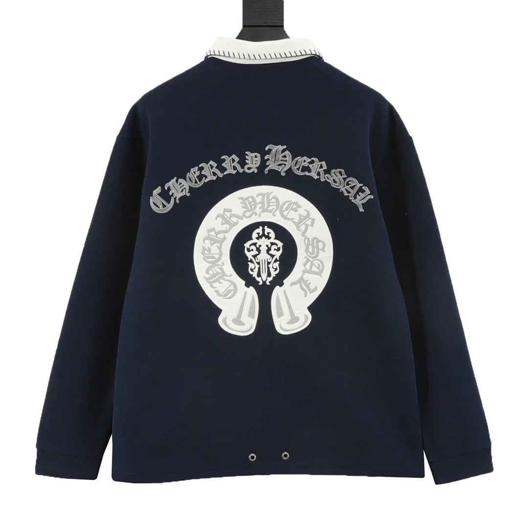 Horseshoe embroidery lapel long sleeved polo shirt