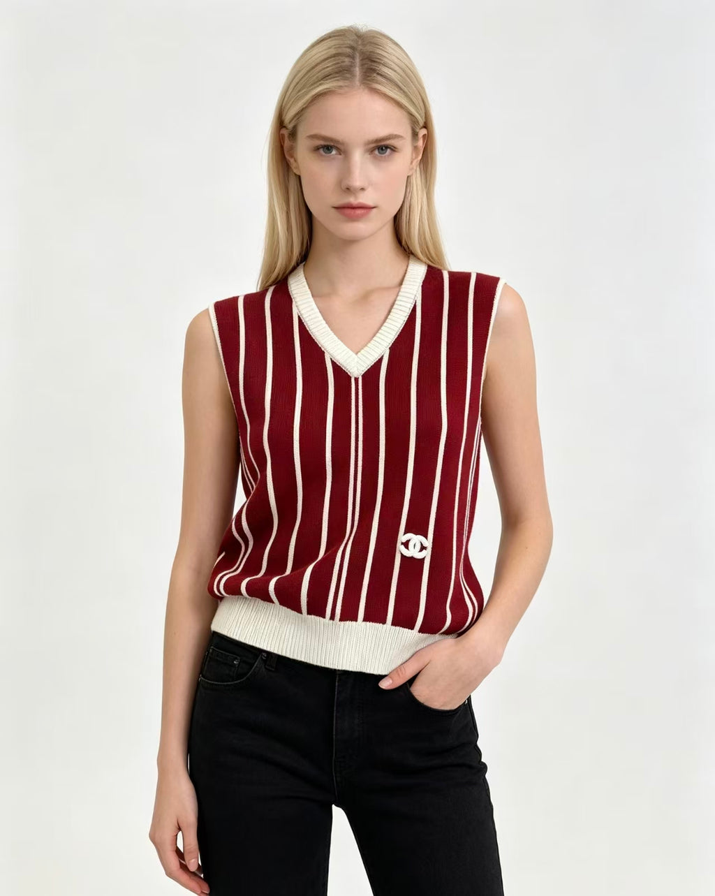 Women's Luxury Striped Knit Cardigan; Long-sleeved Knit Set Featuring A V-neck and Contrasting Trim.