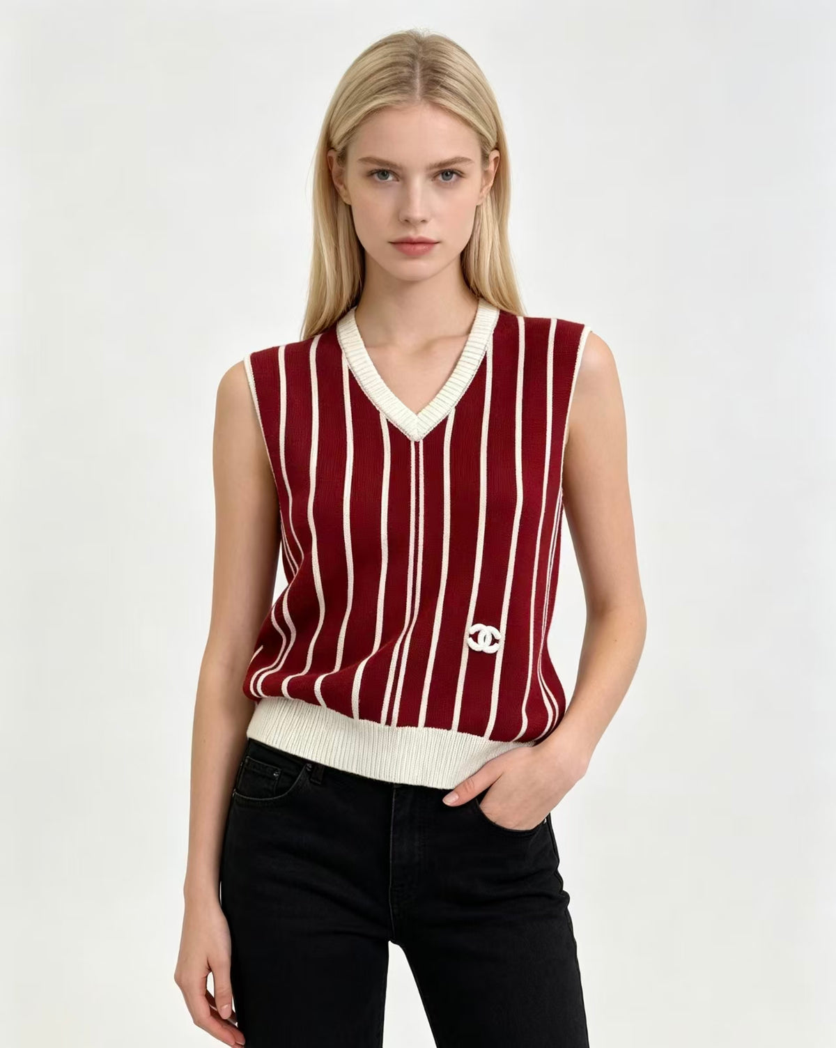 Women's Luxury Striped Knit Cardigan; Long-sleeved Knit Set Featuring A V-neck and Contrasting Trim.